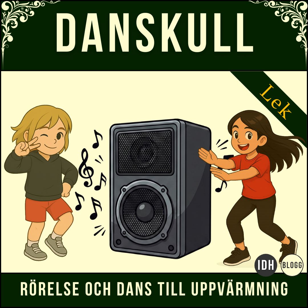 Pedagogisk illustration av leken Danskull från IDH – Idrott, Dans och Hälsa. Visar barn som rör sig till musik med tips för idrottslärare.