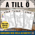 Korsord för skolan med fokus på alfabetet A till Ö. Digitalt skolmaterial i PDF-format för läsförståelse och ordkunskap.