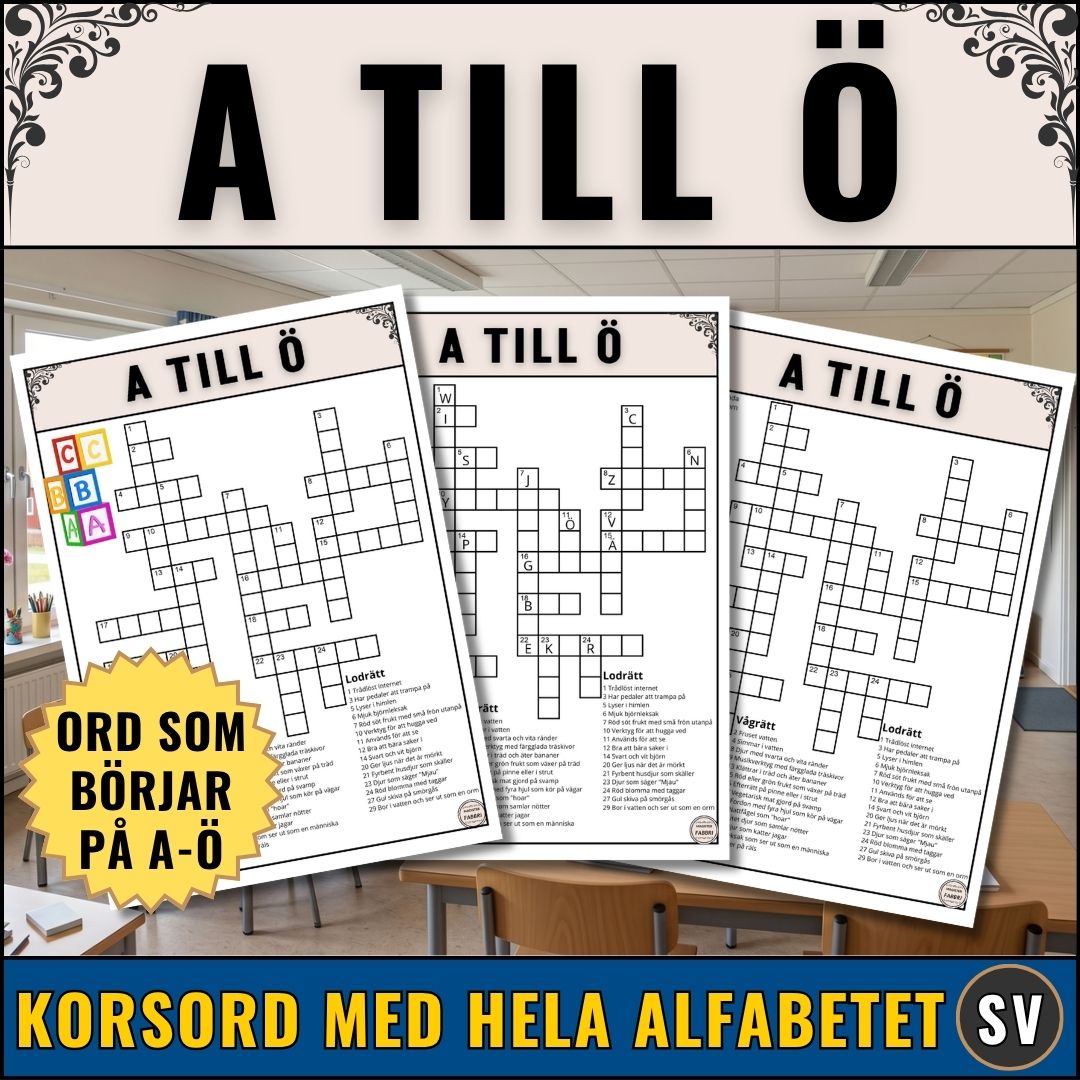 Korsord för skolan med fokus på alfabetet A till Ö. Digitalt skolmaterial i PDF-format för läsförståelse och ordkunskap.