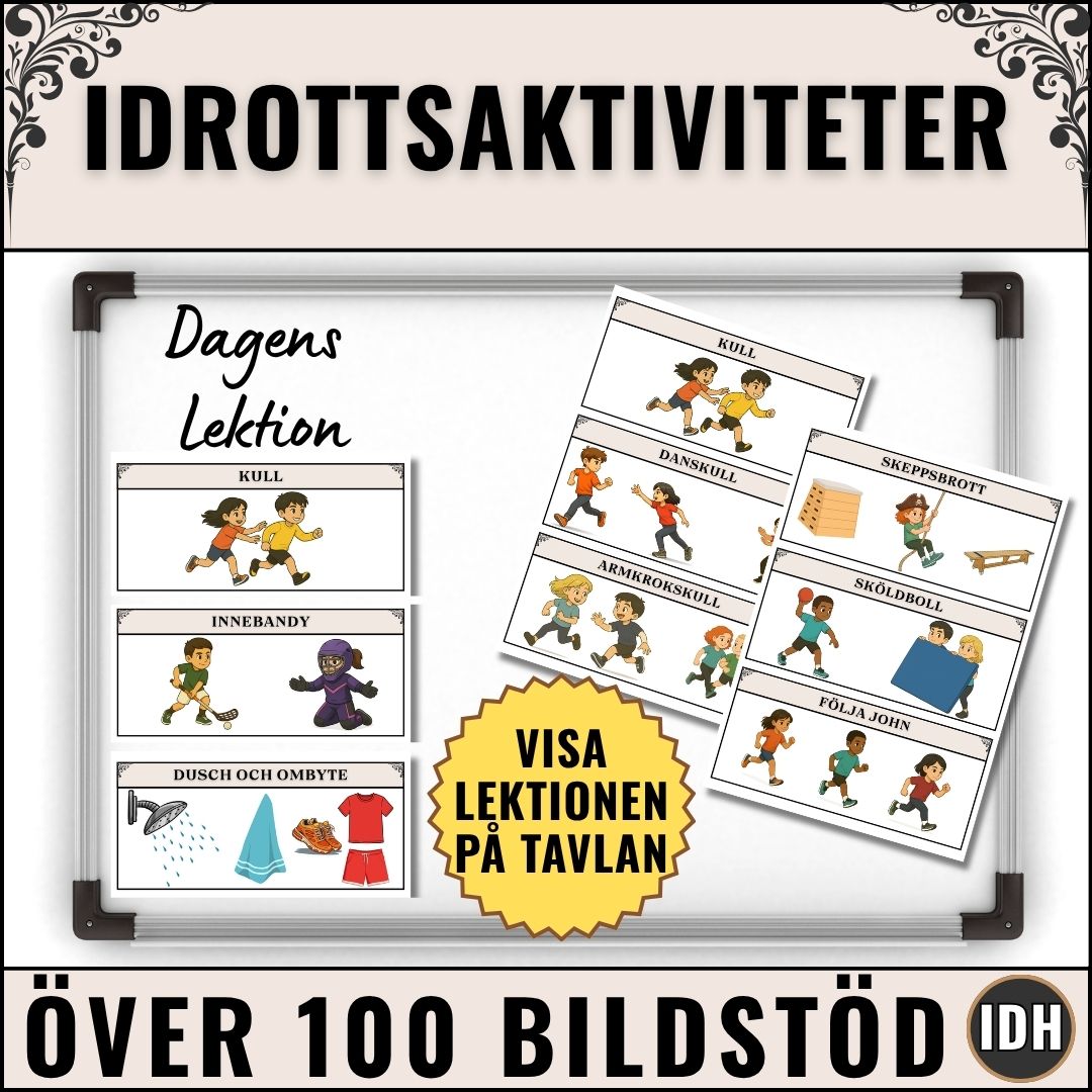 Bildstöd för idrott och hälsa. Visa upp lektionsplaneringen på tavlan under lektionen.