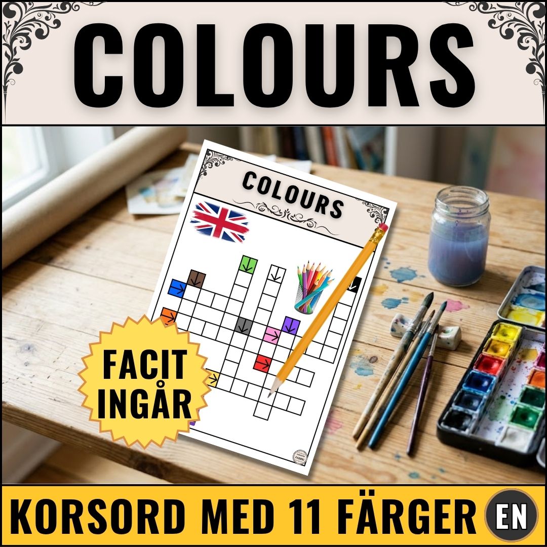 Pedagogiskt korsord med färger på engelska. PDF-fil redo att skrivas ut direkt till din lektion.