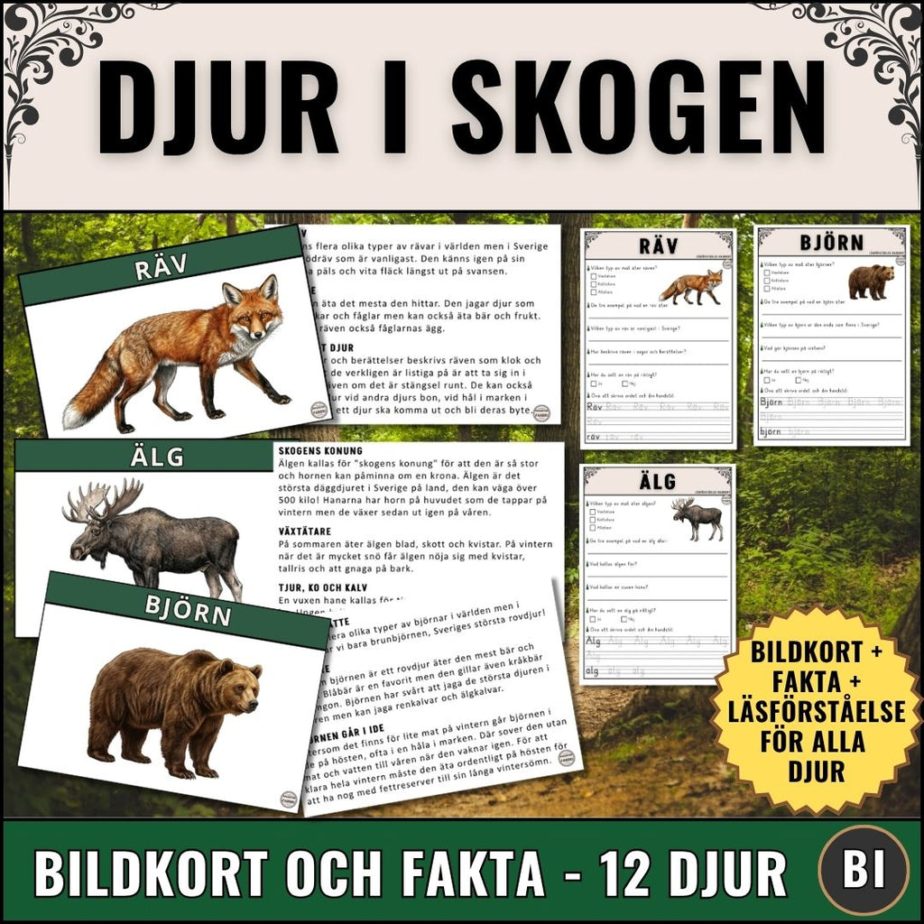 Produktbild för digitalt läromedel Djur i skogen med 12 bildkort, faktatexter, läsförståelse och facit i PDF-format för lågstadiet.