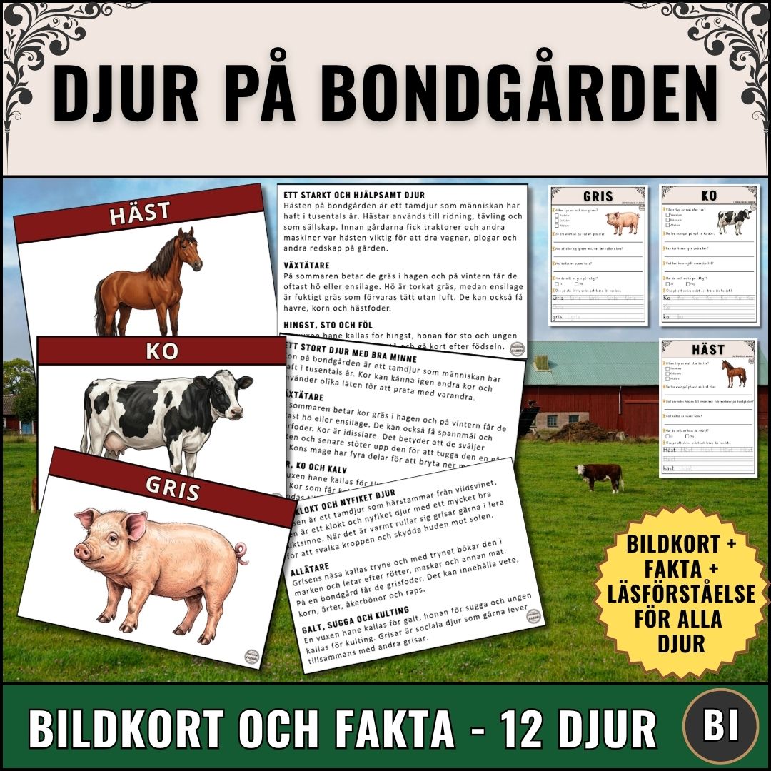 Djur på bondgården – Bildkort med fakta och läsförståelse