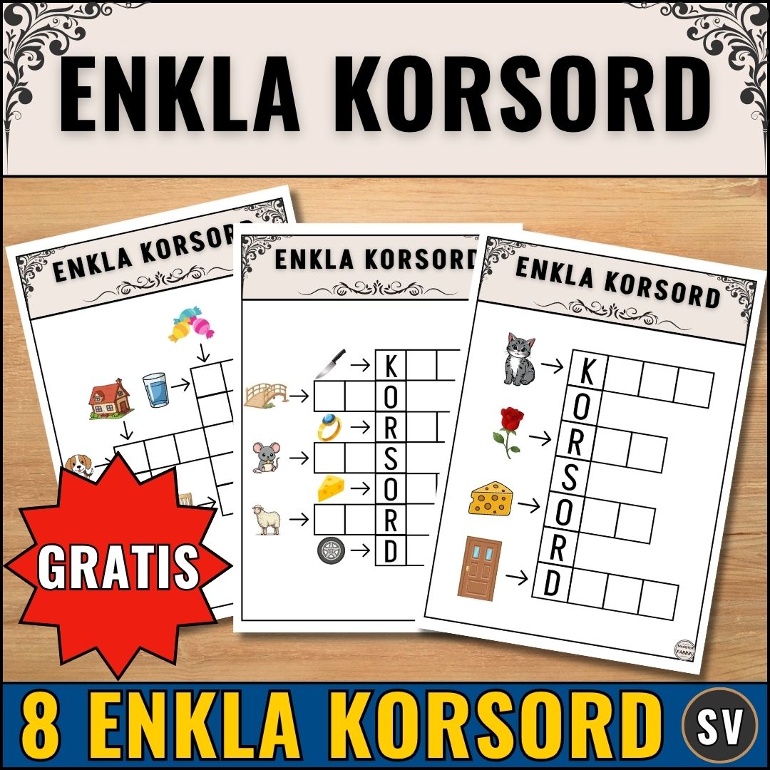 Enkla korsord för introduktion för hur man löser korsord. Enkla och tydliga bilder som ledtrådar.