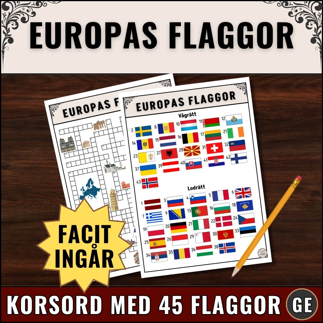 Pedagogiskt korsord om Europas flaggor. Bild på alla flaggor som ledtrådar, redo för utskrift från PDF direkt till din lektion.