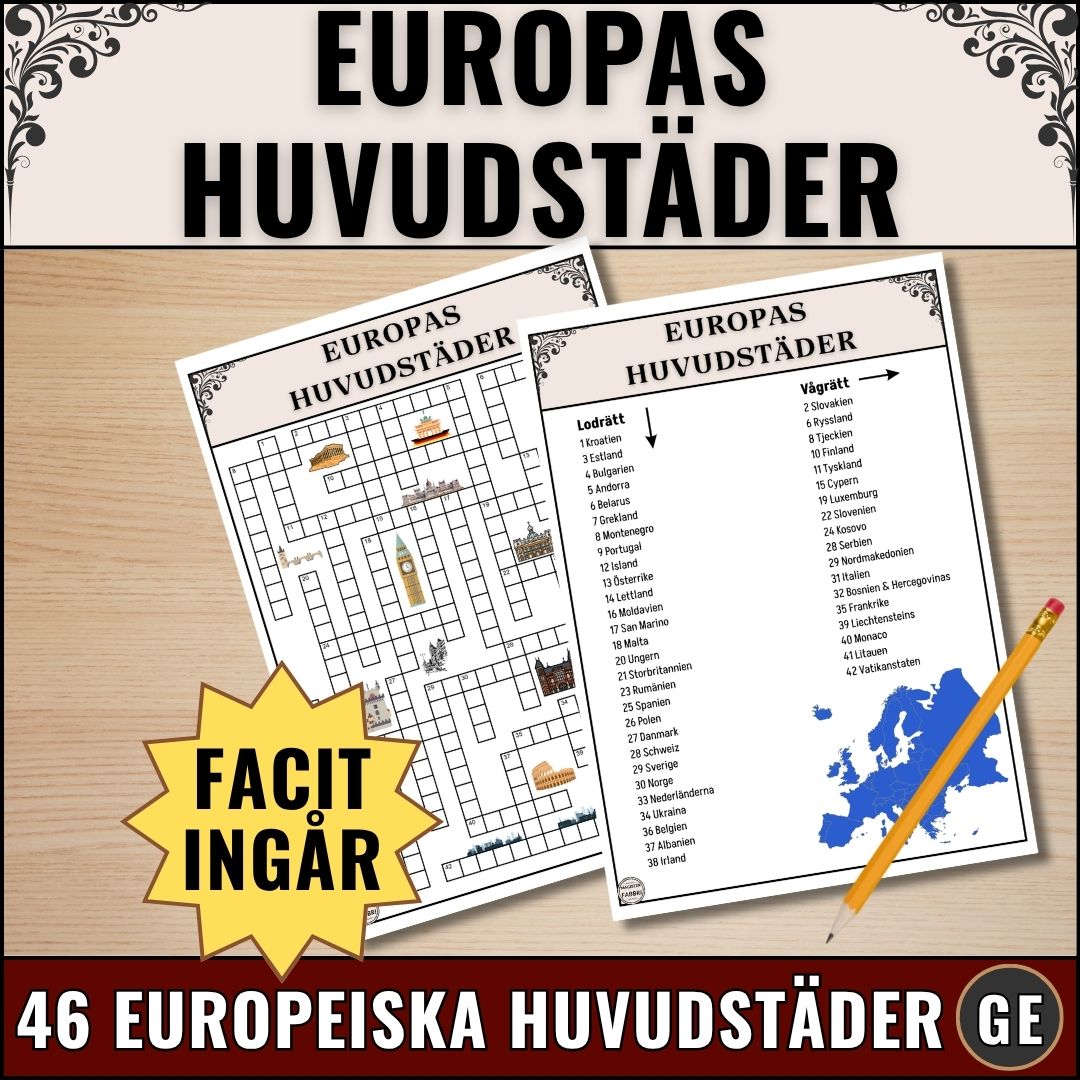 Pedagogiskt korsord med hela Europas huvudstäder, 46 totalt. PDF-fil redo att skrivas ut direkt till din lektion.