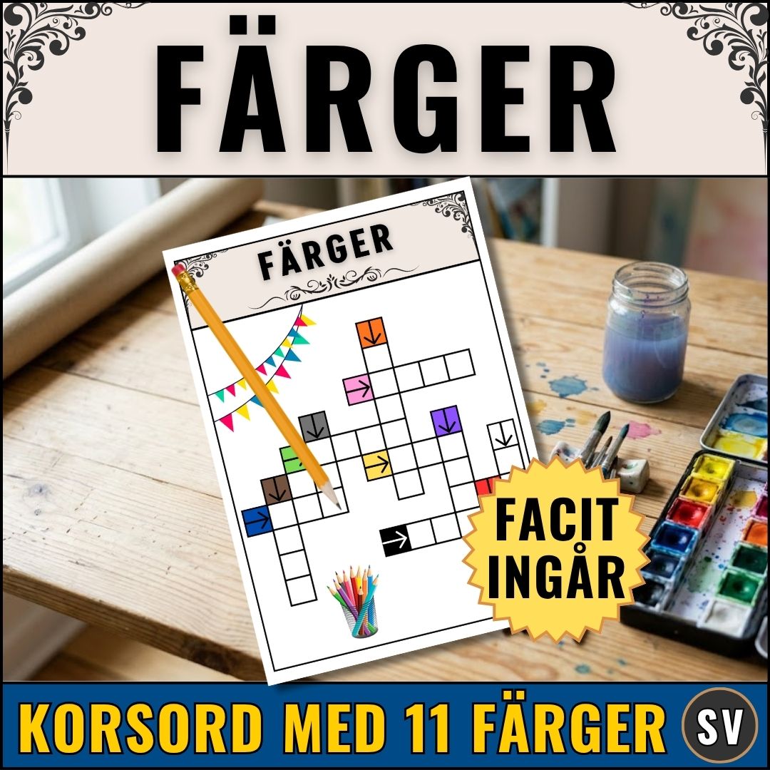 Pedagogiskt korsord med färger, 11 färger som röd, blå och grön. PDF-fil redo att skrivas ut direkt till din lektion.