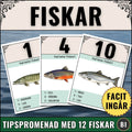 Omslagsbild för digitalt skolmaterial i biologi: "Fiskar Tipspromenad" skapat av Magister Fabbri. Visar färdiga PDF-sidor med illustrationer av svenska fiskar och svarsalternativen 1, X, 2, samt en gul stjärna med texten "Facit ingår".