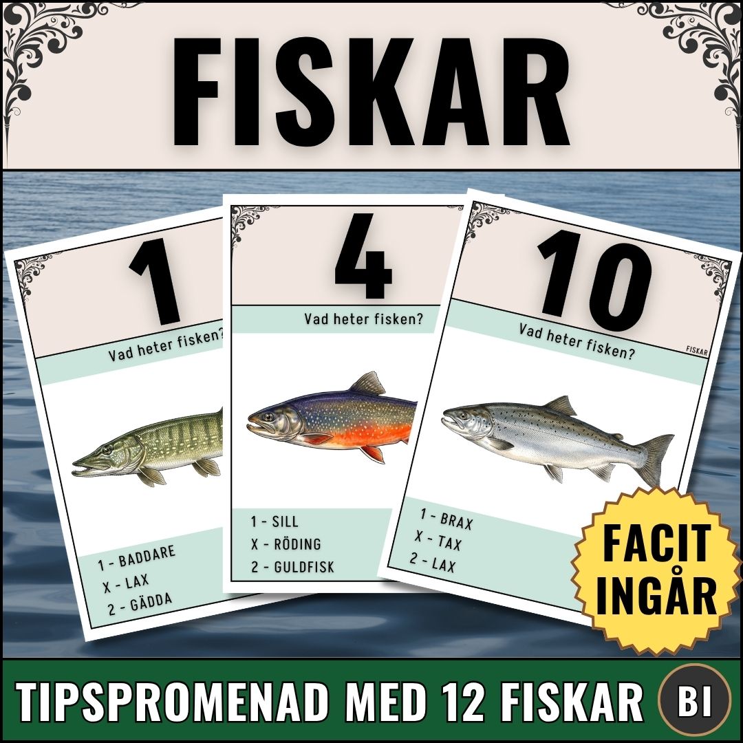 Omslagsbild för digitalt skolmaterial i biologi: "Fiskar Tipspromenad" skapat av Magister Fabbri. Visar färdiga PDF-sidor med illustrationer av svenska fiskar och svarsalternativen 1, X, 2, samt en gul stjärna med texten "Facit ingår".