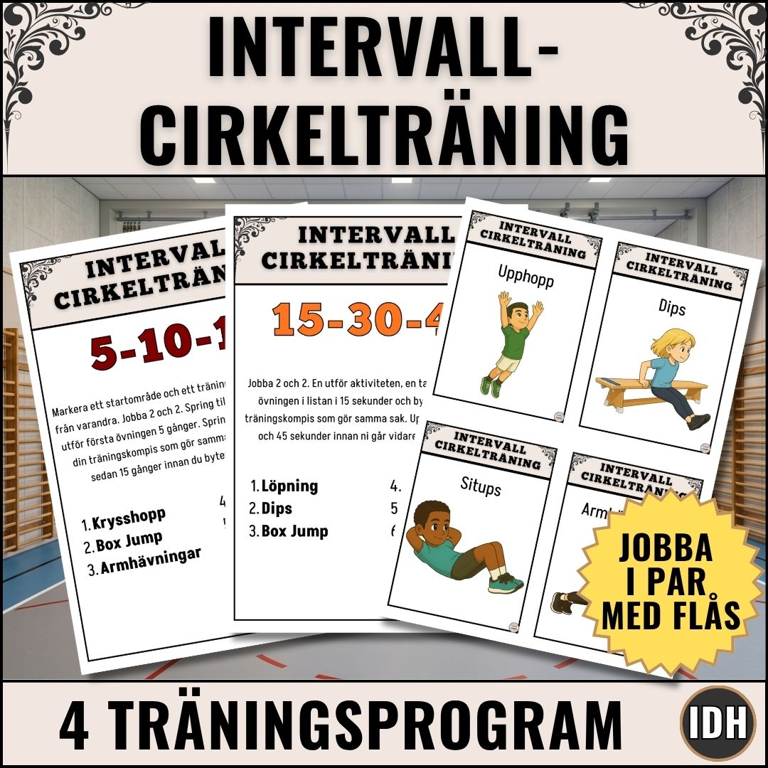 Framsidan av Magister Fabbris digitala skolmaterial Intervall Cirkelträning, som visar stationskort och visuella övningskort med bildstöd för idrottslektionen.