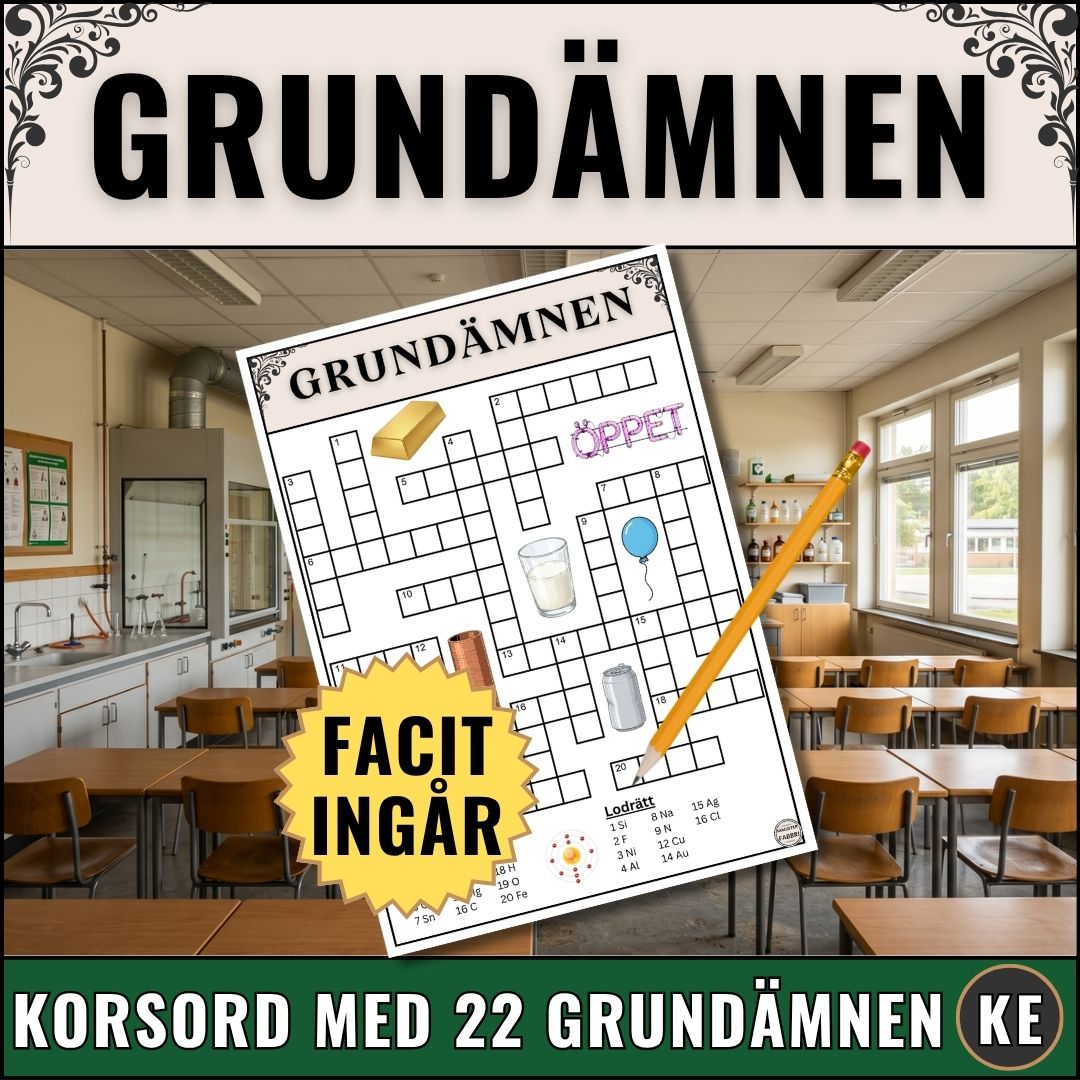 Pedagogiskt korsord med 22 olika grundämnen men kemisk betäckning som ledtråd. PDF-fil redo att skrivas ut direkt till din lektion.