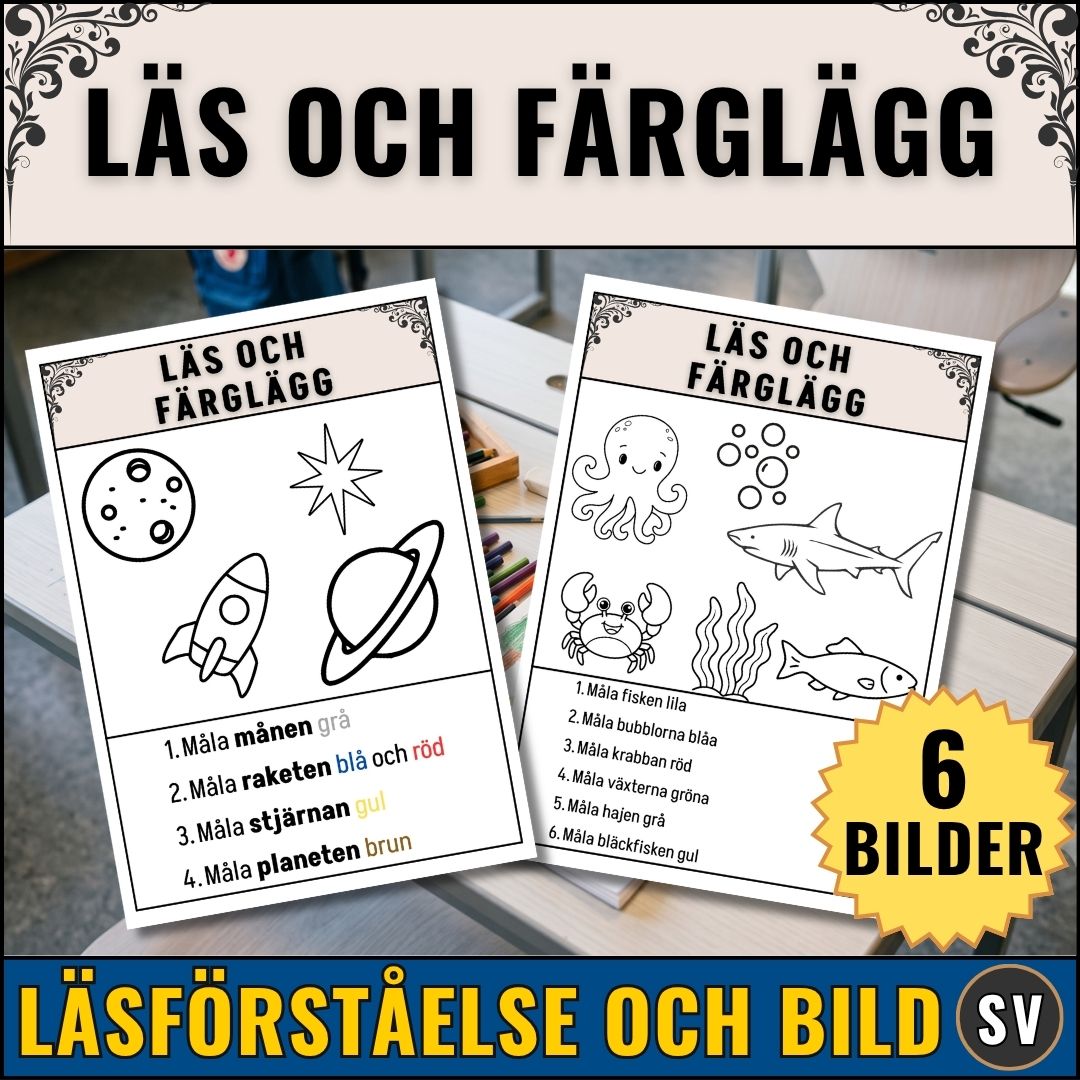 Färglägg enkla bilder enligt instruktioner. Läs instruktioner och måla enkla motiv för ågstadiebarn.