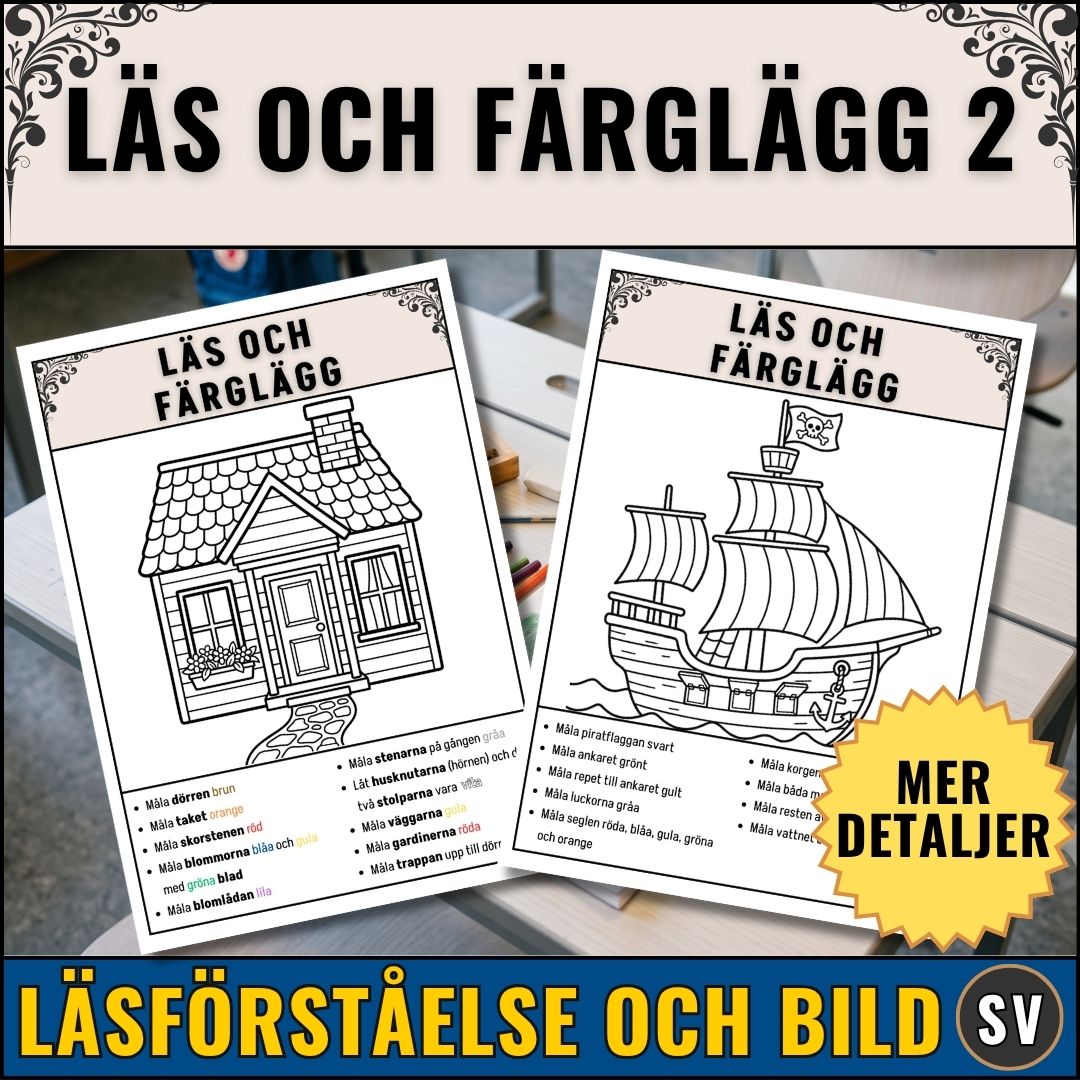 Färglägg mer komplicerade målarbilder enligt text. Läs instruktionerna och måla!