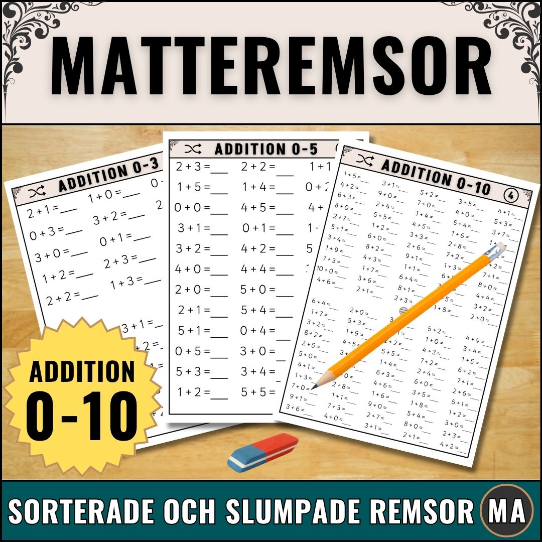 Omslag för digitalt skolmaterial i matematik som visar matteremsor och matteblad för addition 0-10, skapat av Magister Fabbri.