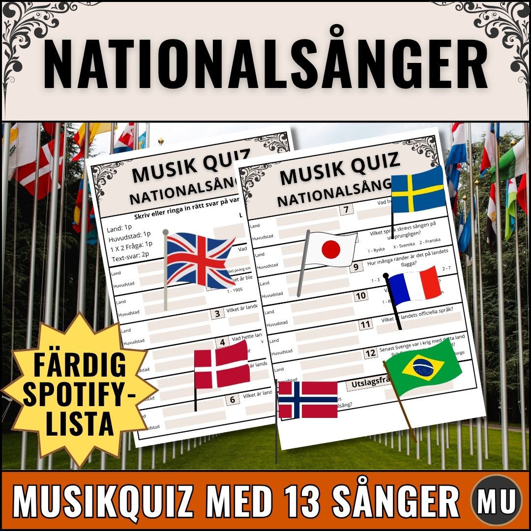 Lär dig nationalsånger med ett enkelt musikquiz. 13 sånger med följdfrågor och utslagningsfråga.