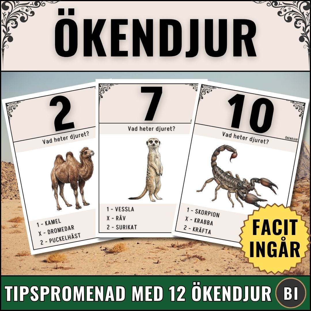 Produktbild för Magister Fabbris digitala skolmaterial: En tipspromenad i PDF-format om ökendjur med 12 illustrerade frågekort samt tillhörande facit.