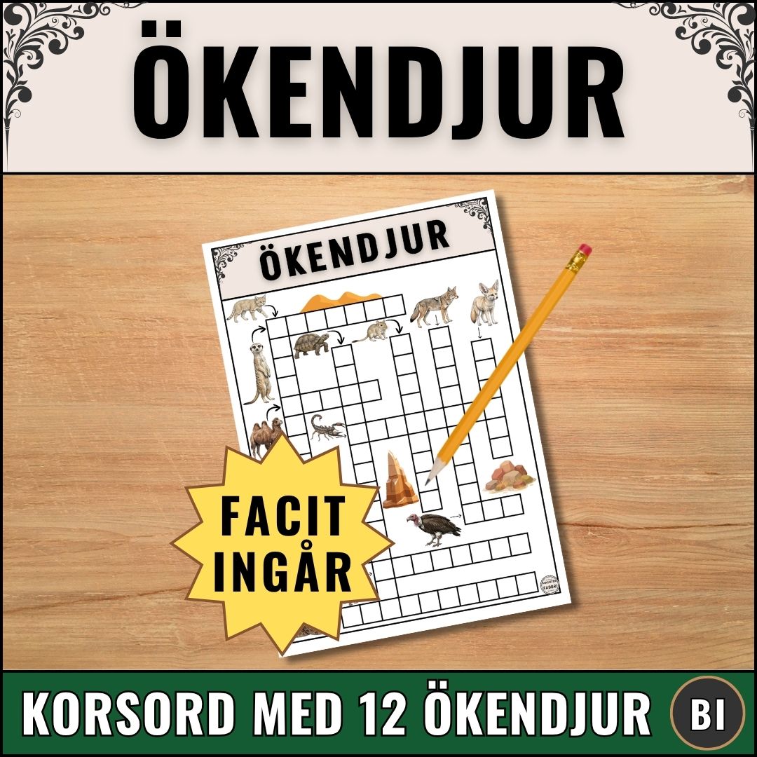 Produktbild för Magister Fabbris digitala skolmaterial: Ett välillustrerat korsord om ökendjur med tillhörande ordbank och ett komplett facit.