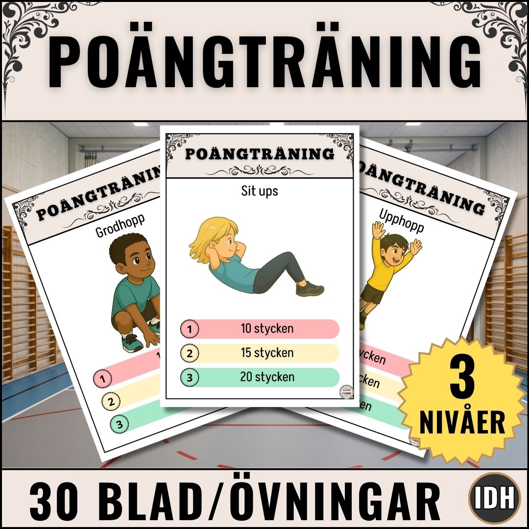 Poängträning är en träningsform där man kan samla poäng genom att göra olika typer av träningsövningar Perfekt pulshöjande aktivitet för idrottslektionen