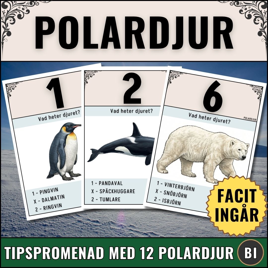 Omslagsbild för Magister Fabbris digitala skolmaterial: En tipspromenad i PDF-format om polardjur med 12 illustrerade frågekort samt tillhörande facit.