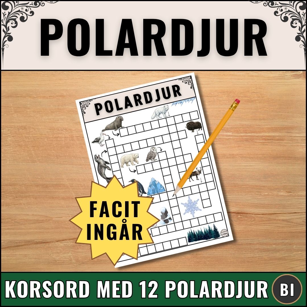Produktbild för Magister Fabbris digitala skolmaterial: Ett välillustrerat korsord om polardjur med tillhörande ordbank och ett komplett facitblad i PDF-format.
