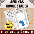 Korsord för grundskolan med Afrikas huvudstäder. PDF-fil för utskrift med 54 länder.