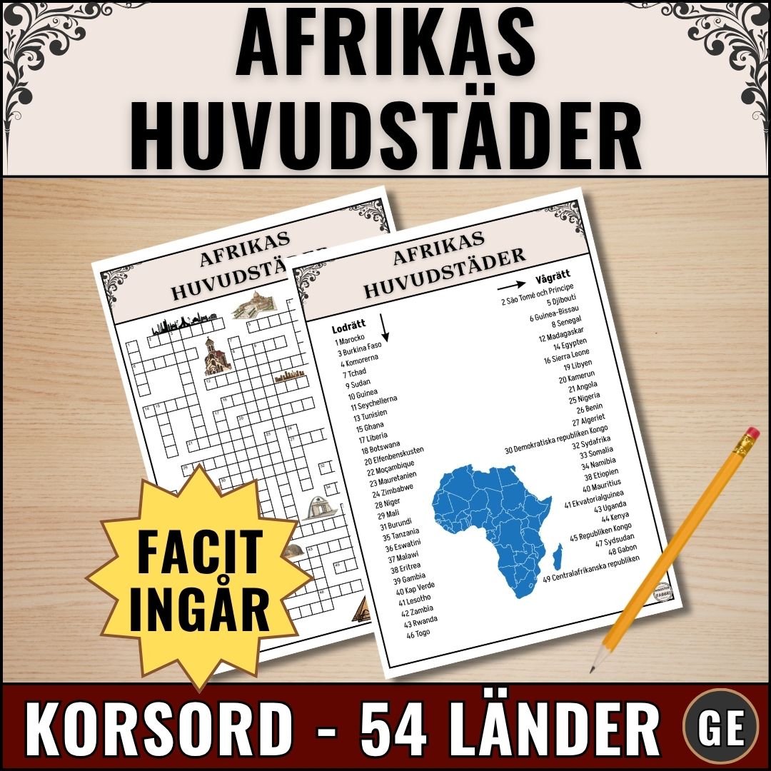 Korsord för grundskolan med Afrikas huvudstäder. PDF-fil för utskrift med 54 länder.