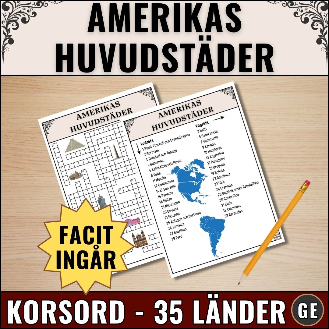 Korsord för grundskolan med Amerikas huvudstäder. PDF-fil för utskrift med länder från Nord, Central och Sydamerika.