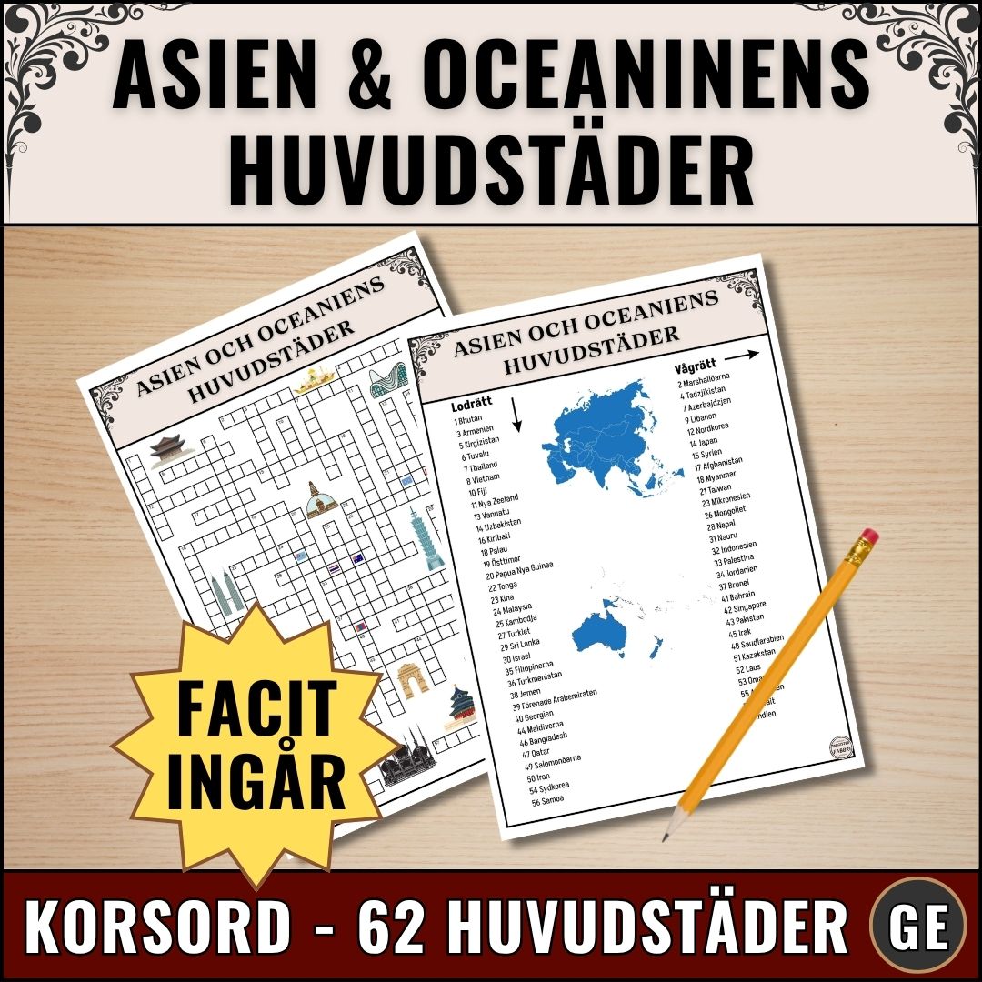 Korsord för grundskolan med Asien och Oceaniens huvudstäder. PDF-fil för utskrift med 62 länder.
