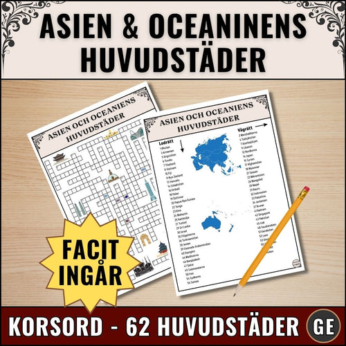 Korsord för grundskolan med Asien och Oceaniens huvudstäder. PDF-fil för utskrift med 62 länder.