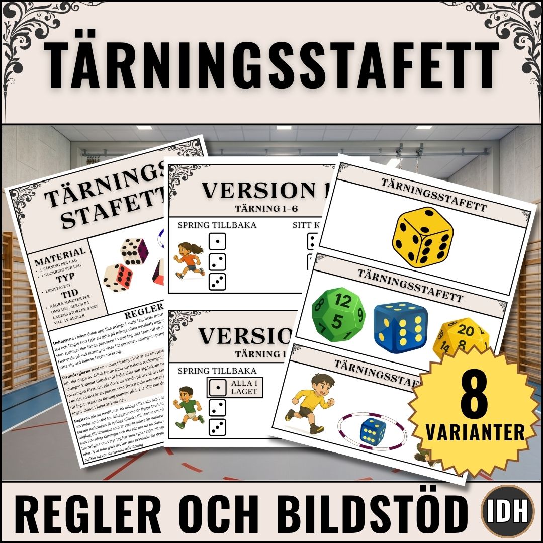 Rolig och enkel lek med tärningar. Perfekt på rasten eller idrottslektionen där slumpen avgör stafetten.