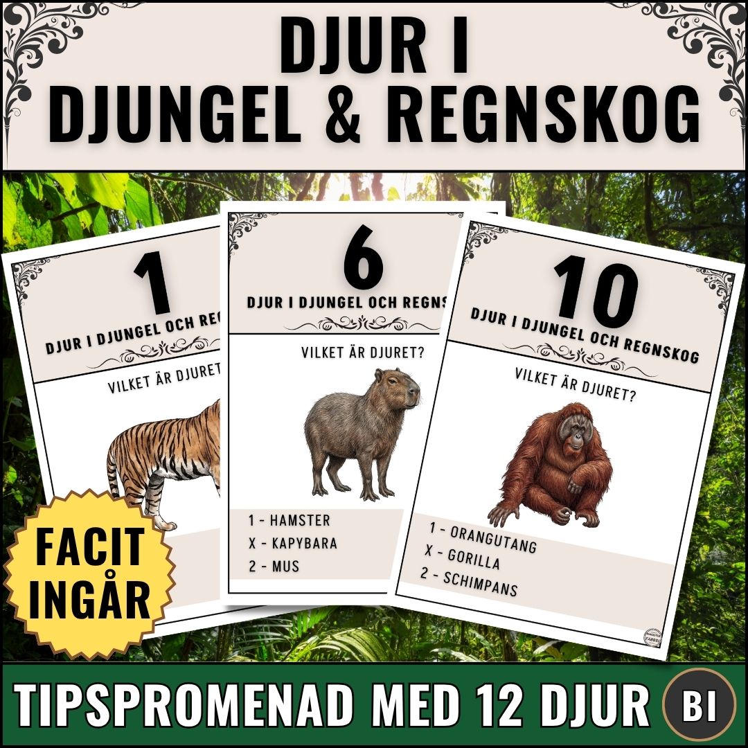 Pedagogisk tipspromenad med djur i djungel och regnskog. 12 djur med tydliga bilder som ledtrådar