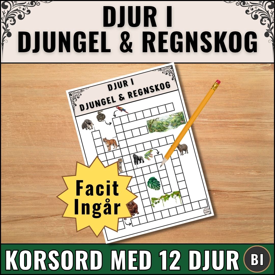 Pedagogiskt korsord med djur i djungel och regnskog. 12 djur med tydliga bilder som ledtrådar