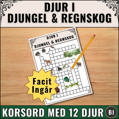 Pedagogiskt korsord med djur i djungel och regnskog. 12 djur med tydliga bilder som ledtrådar