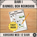 Korsord med12 djur från djungel och regnskog