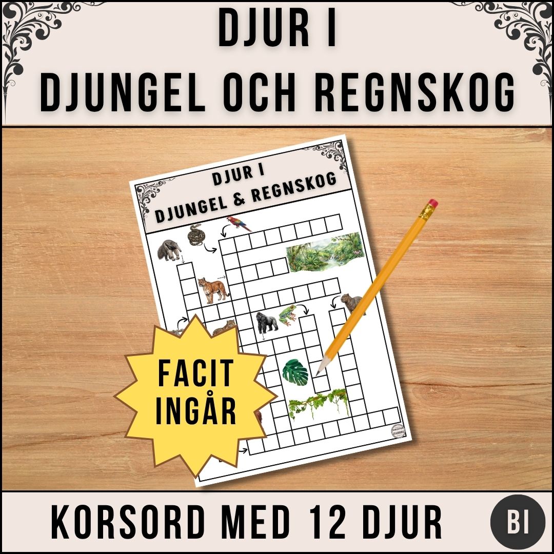 Korsord med12 djur från djungel och regnskog