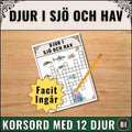 Pedagogiskt korsord med djur i sjö och hav. 12 djur med tydliga bilder som ledtrådar