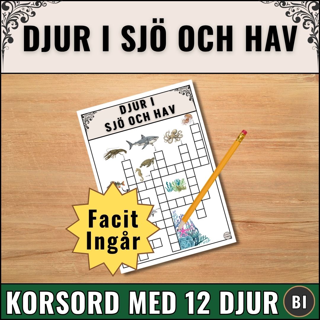 Pedagogiskt korsord med djur i sjö och hav. 12 djur med tydliga bilder som ledtrådar