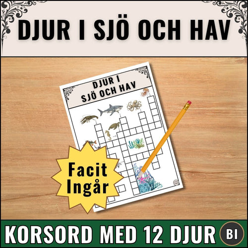 Pedagogiskt korsord med djur i sjö och hav. 12 djur med tydliga bilder som ledtrådar