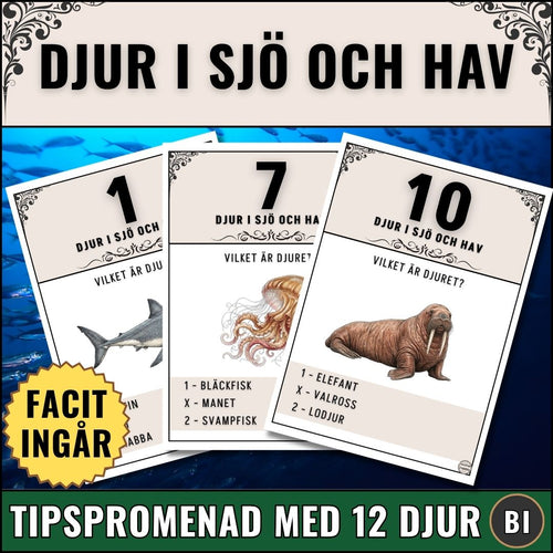 Pedagogisk tipspromenad med djur i sjö och hav. 12 djur med tydliga bilder som ledtrådar