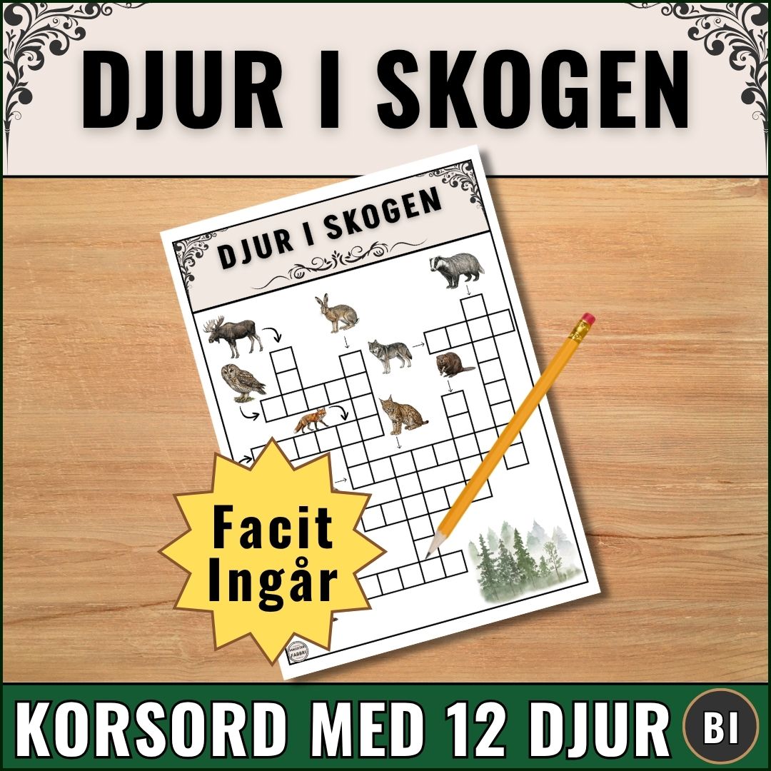 Pedagogiskt korsord med djur i skogen. 12 djur med tydliga bilder som ledtrådar