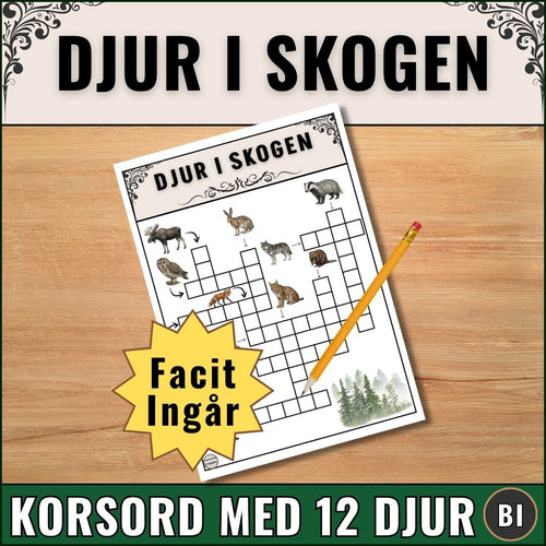 Pedagogiskt korsord med djur i skogen. 12 djur med tydliga bilder som ledtrådar