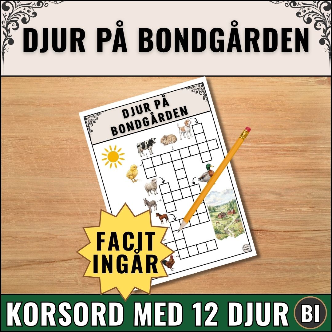 Pedagogiskt korsord med djur på bondgården. 12 djur med tydliga bilder som ledtrådar
