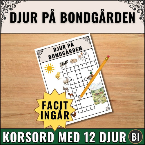 Pedagogiskt korsord med djur på bondgården. 12 djur med tydliga bilder som ledtrådar