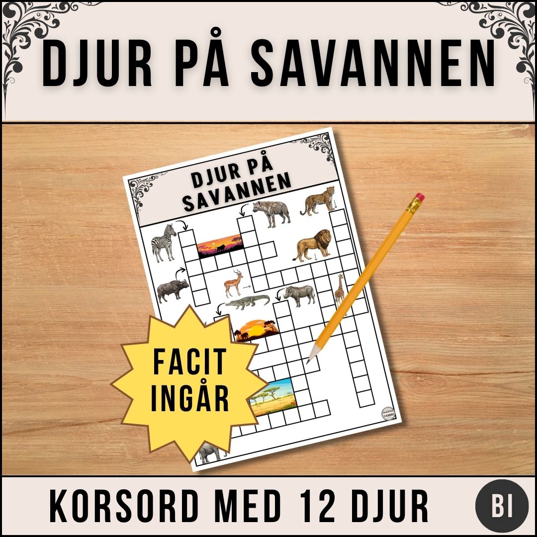 Djur på Savannen - Korsord