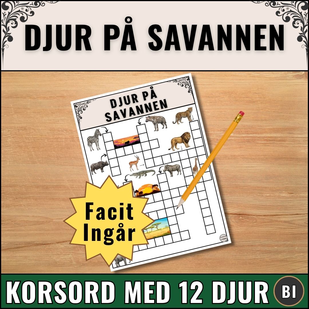 Pedagogiskt korsord med djur på savannen. 12 djur med tydliga bilder som ledtrådar