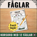 Produktbild för digitalt skolmaterial 'Fåglar - Korsord' av Magister Fabbri. Bilden visar två överlappande arbetsblad i PDF-format med korsord och färgglada fågelillustrationer på en ljus träbakgrund, en gul stjärna med texten 'Facit ingår' och en mörk banner i nederkanten.