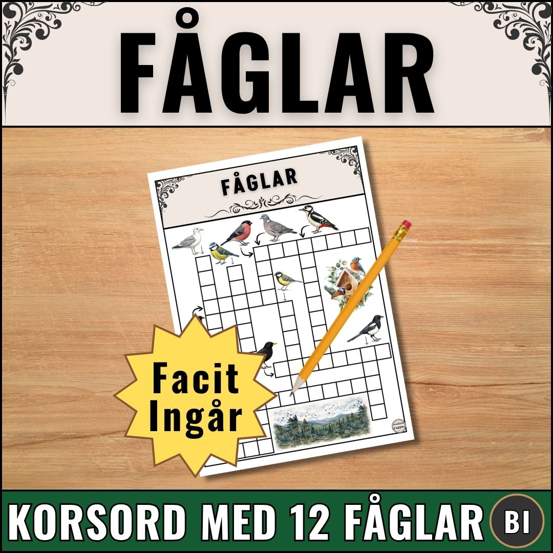 Produktbild för digitalt skolmaterial 'Fåglar - Korsord' av Magister Fabbri. Bilden visar två överlappande arbetsblad i PDF-format med korsord och färgglada fågelillustrationer på en ljus träbakgrund, en gul stjärna med texten 'Facit ingår' och en mörk banner i nederkanten.