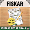Produktbild för digitalt skolmaterial 'Fiskar - Korsord' av Magister Fabbri. Bilden visar arbetsblad i PDF-format med korsord, naturtrogna fiskillustrationer och en färgstark undervattensscen på en ljus träbakgrund, en gul stjärna med texten 'Facit ingår' och en dekorativ rubrik i överkanten.