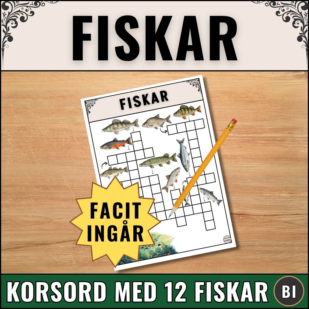 Produktbild för digitalt skolmaterial 'Fiskar - Korsord' av Magister Fabbri. Bilden visar arbetsblad i PDF-format med korsord, naturtrogna fiskillustrationer och en färgstark undervattensscen på en ljus träbakgrund, en gul stjärna med texten 'Facit ingår' och en dekorativ rubrik i överkanten.