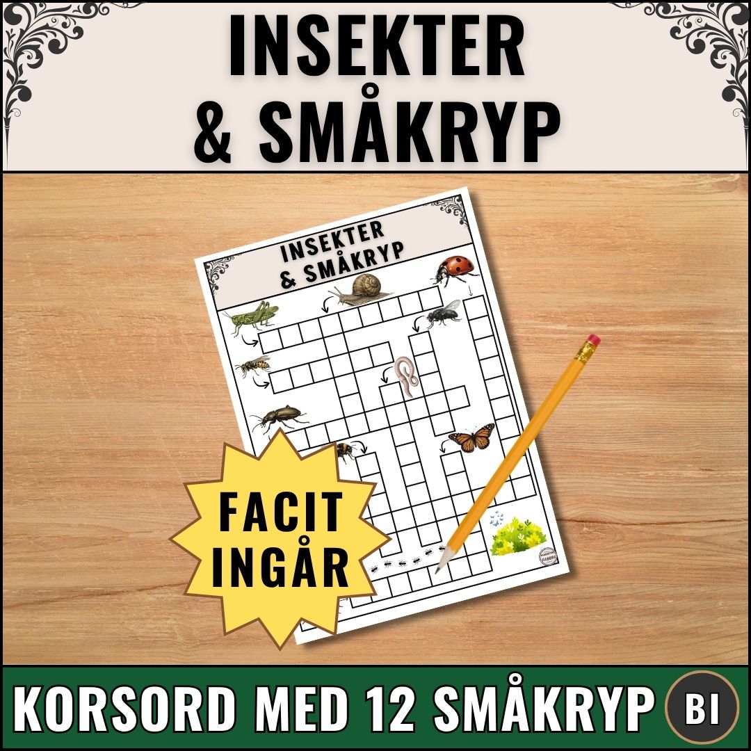 Produktbild för Magister Fabbris digitala skolmaterial: Ett välillustrerat korsord om insekter och småkryp med två svårighetsnivåer och ett tillhörande facit.